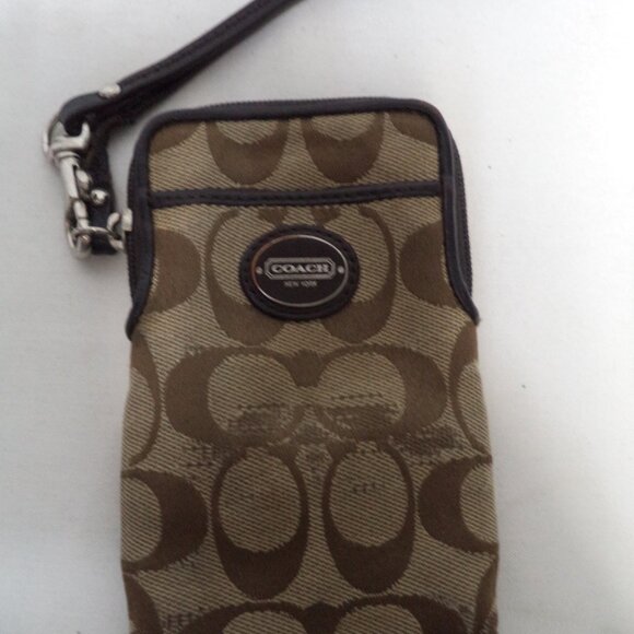 Coach Vintage Leather w/ Canvas Logo brown wristlet wallet pouch mini zip top - Picture 2 of 9
